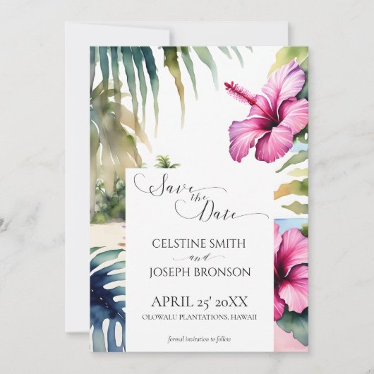 Tropisch strand bruiloft save the date (Voorkant)