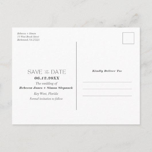 Tropisch strand bruiloft slaat de datum op aankondigingskaart (Achterkant)