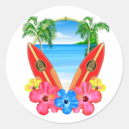 Tropisch strand en surfplanken ronde sticker (Voorkant)