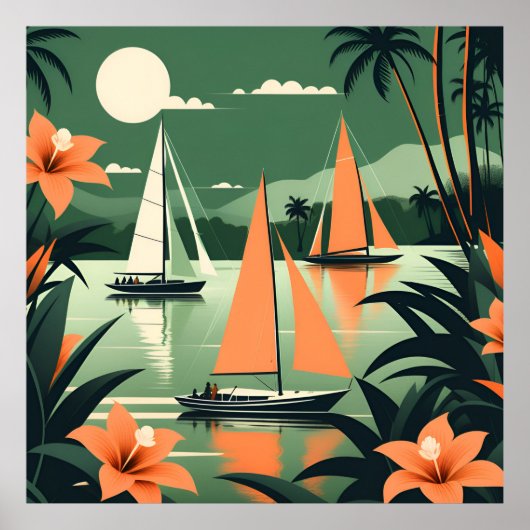  tropisch strand en zeilboten Retro Poster (Voorkant)
