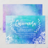 Tropisch strand Floral Blue Waterverf Quinceanera Kaart (Voorkant / Achterkant)