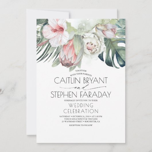 Tropisch strand Floral Greenery Foliage Weddenscha Kaart (Voorkant)