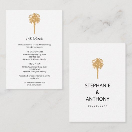 Tropisch strand goudpalm, bestemming bruiloft informatiekaartje (Voorkant / Achterkant)
