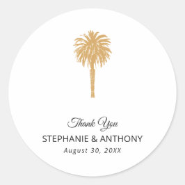 Tropisch strand goudpalm, bestemming bruiloft ronde sticker