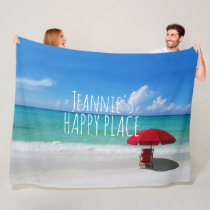 Tropisch strand Happy Place Jouw naam Red umbrella Fleece Deken