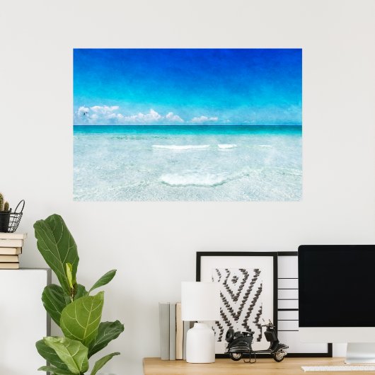 Tropisch strand in Blauwgroen Aqua Turquoise Blue Poster (Thuiskantoor)
