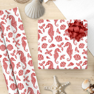 Tropisch strand Kerst Rode glitter zeepaardjes Cadeaupapier