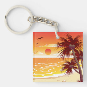 Tropisch strand met palmboom eiland bij zonsonderg sleutelhanger