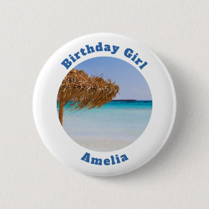 Tropisch strand met parasol verjaardagsmeisje ronde button 5,7 cm