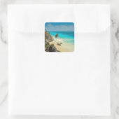 Tropisch strand met wind geveegd palmbomen vierkante sticker (Tas)