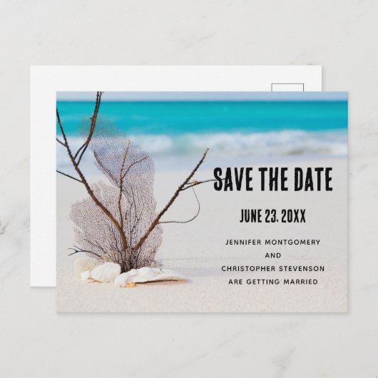 Tropisch strand met witte zeeschelpen Save the Dat Uitnodiging Briefkaart (Voorkant / Achterkant)