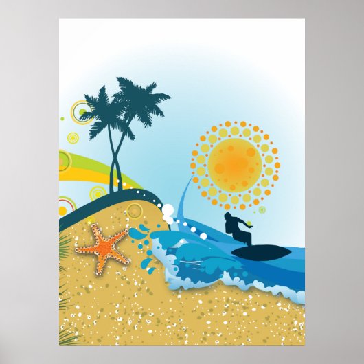 Tropisch strand, oceaan met surfer poster print (Voorkant)