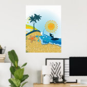 Tropisch strand, oceaan met surfer poster print (Thuiskantoor)