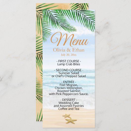Tropisch strand, oceaan, zeesterren menu (Voorkant / Achterkant)