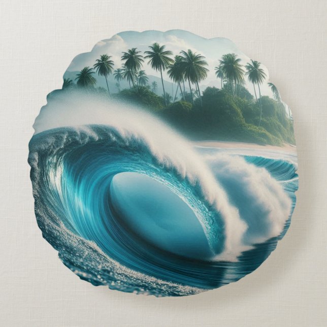 Tropisch strand Ocean Wave Crescendo Palmbomen Rond Kussen (Voorkant)