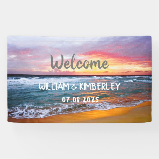 Tropisch strand Ocean Waves Sunset Elegant Wedding Spandoek (Horizontaal)