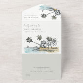Tropisch strand palm Boom Waterverf bruiloft All In One Uitnodiging (Buitenkant)