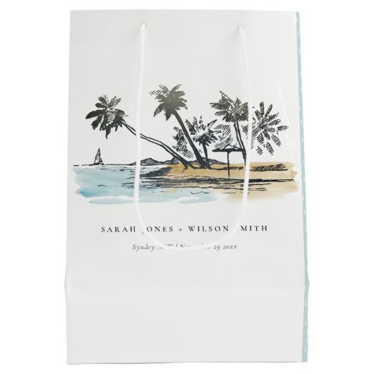 Tropisch strand palm Boom Waterverf bruiloft Medium Cadeauzakje (Achterkant)