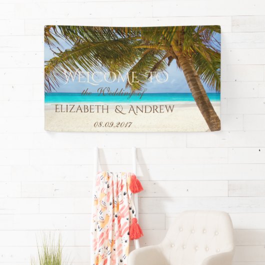 Tropisch strand, palm, oceaan, zand bindmiddel spandoek (Insitu)