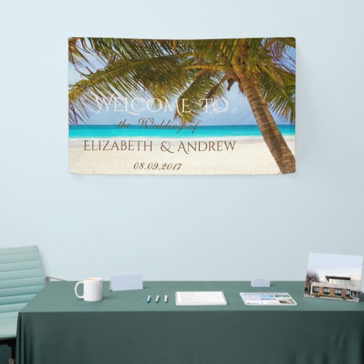 Tropisch strand, palm, oceaan, zand bindmiddel spandoek (Beurs)
