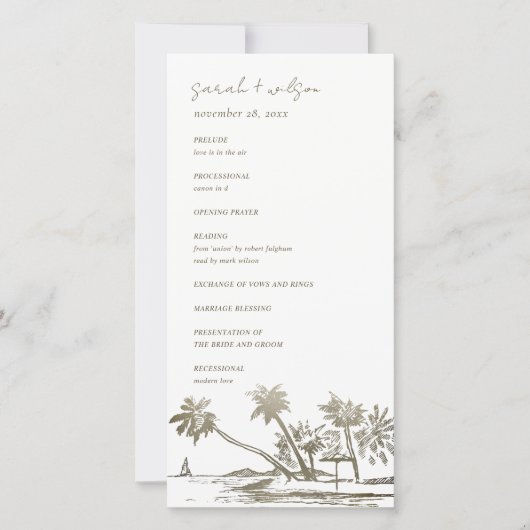 Tropisch strand palm schetch Gold Weddenprogramma Bedankkaart (Voorkant)