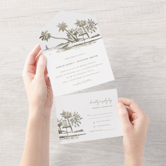 Tropisch strand palm Tree Sketch Bleek Gold Weddin All In One Uitnodiging (Afscheurbaar)