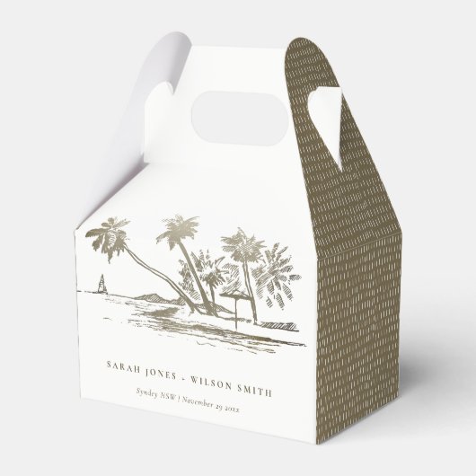 Tropisch strand palm Tree Sketch Bleek Gold Weddin Bedankdoosjes (Achterkant)