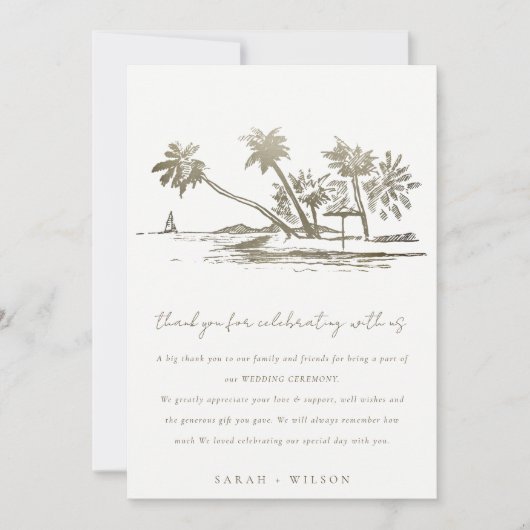 Tropisch strand palm Tree Sketch Bleek Gold Weddin Bedankkaart (Voorkant)