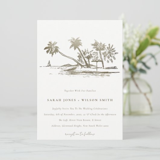 Tropisch strand palm Tree Sketch Bleek Gold Weddin Kaart (Staand voorkant)