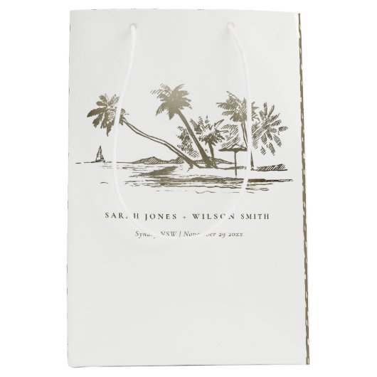Tropisch strand palm Tree Sketch Bleek Gold Weddin Medium Cadeauzakje (Voorkant)