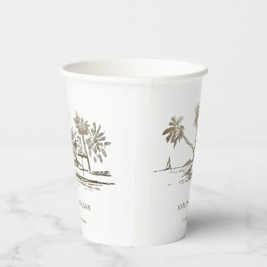 Tropisch strand palm Tree Sketch Bleek Gold Weddin Papieren Bekers (Rechts)