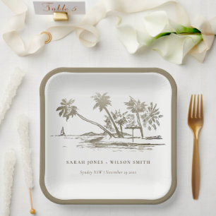 Tropisch strand palm Tree Sketch Bleek Gold Weddin Papieren Bordje