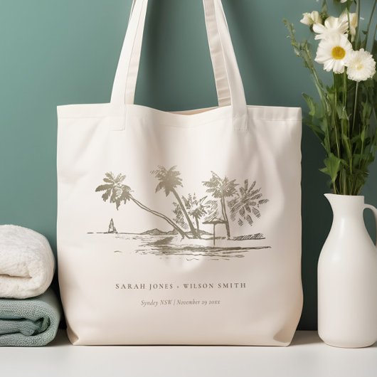 Tropisch strand palm Tree Sketch Bleek Gold Weddin Tote Bag