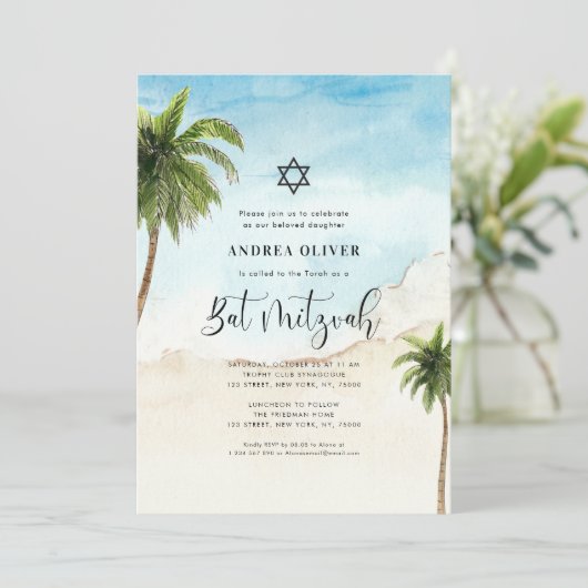 Tropisch strand palm Tree Star van David Bat Mitzv Kaart (Staand voorkant)