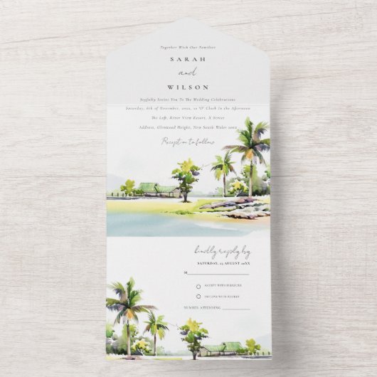 Tropisch strand palm Waterverf bruiloft All In One Uitnodiging (Binnen)