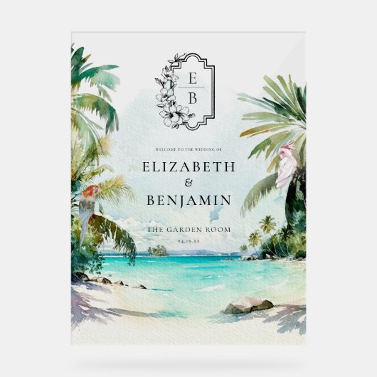 Tropisch strand palm | Welkom Monogram Weddenschap Acryl Bord (Voorkant)