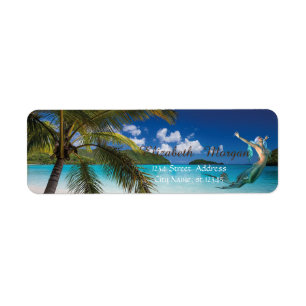 Tropisch strand, palm, zeemeermin etiket