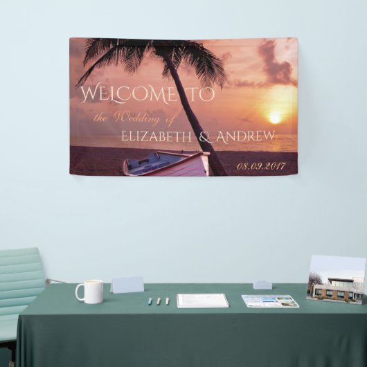 Tropisch strand, palm, zonsondergang, banner van h (Beurs)