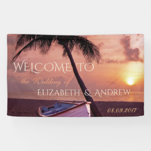 Tropisch strand, palm, zonsondergang, banner van h