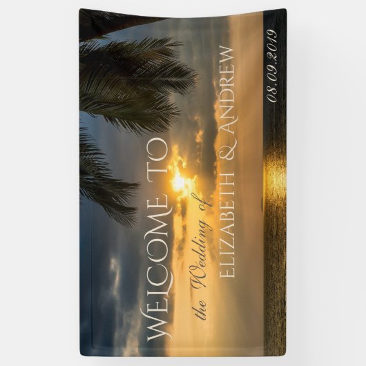 Tropisch strand, palm, zonsondergang, bruiloft ban spandoek (Verticaal)
