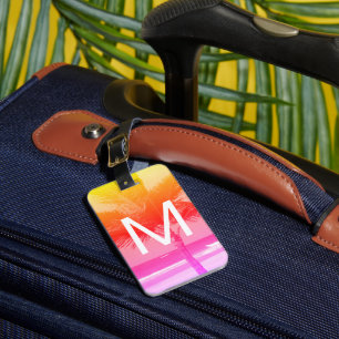 Tropisch strand & palmboom Initiaal Roze/Oranje Bagagelabel