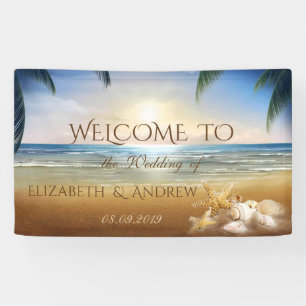 Tropisch Strand, Palmen, Schelpen  Trouwbanner Spandoek