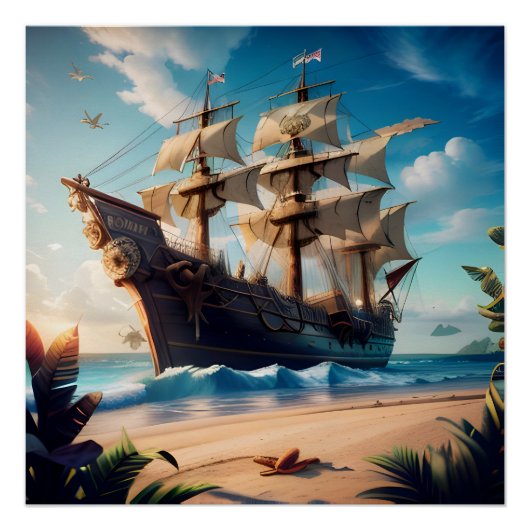 Tropisch strand piratenschip perfect poster (Voorkant)