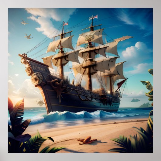 Tropisch strand piratenschip poster (Voorkant)