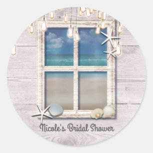 Tropisch Strand Raam Wit Hout Elegante Kuststijl Ronde Sticker