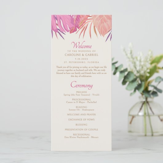 Tropisch strand roze bruiloft programma (Staand voorkant)