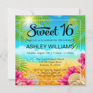 Tropisch strand Roze Hibiscus Sweet 16 Birthday Kaart