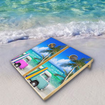 Tropisch strand Scene roze en blauwe bus & surfboa