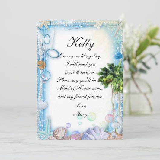 Tropisch strand Seashell Wedding Maid of Honor Kaart (Staand voorkant)