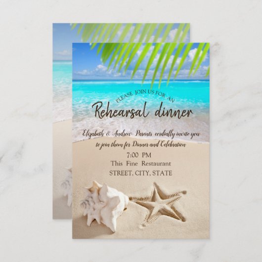 Tropisch strand, Seastar, Seashell Rehearsal Dinne Kaart (Voorkant / Achterkant)